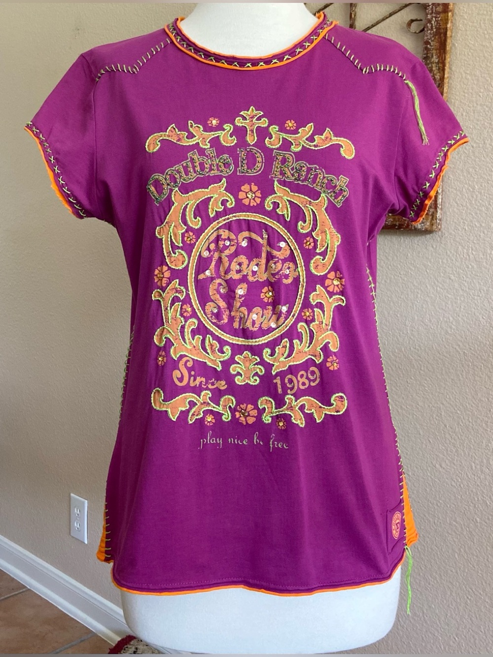 Top - Double D Ranch - "Rodeo Show Since 1989" graphic tee - Embroidered, Sequin